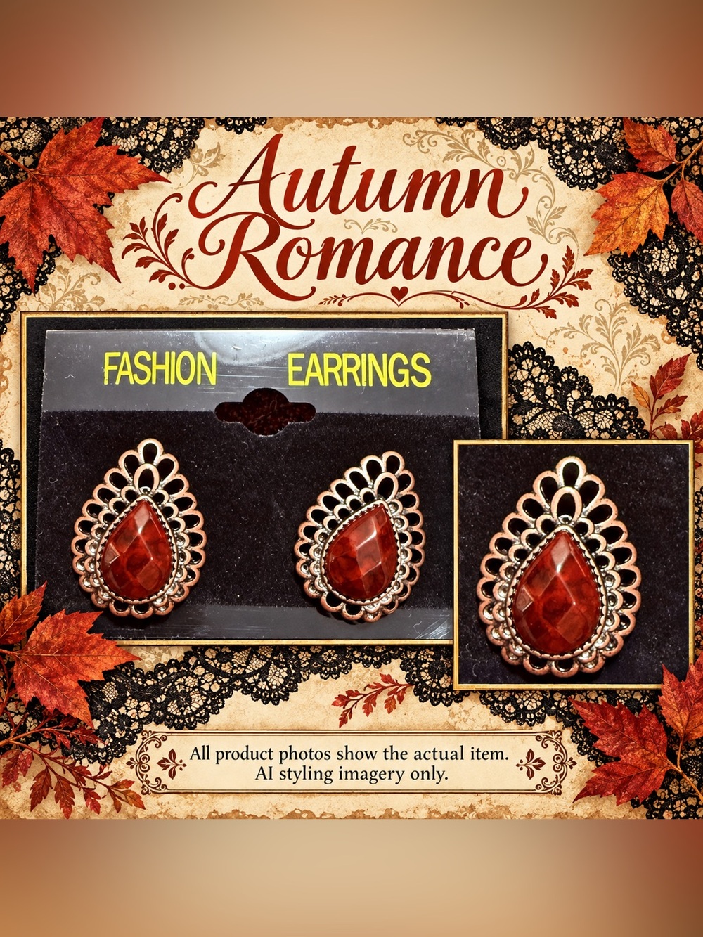 NWT Rust Red Teardrop Stud Earrings Copper Tone Filigree Gothic Vintage Inspired